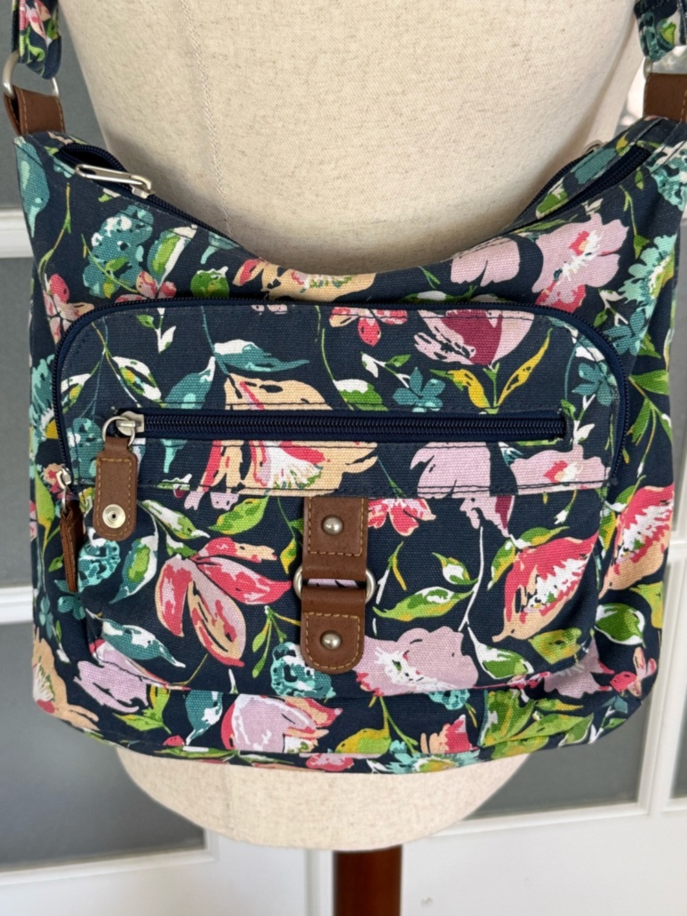 Floral Canvas Crossbody Bag Navy Pink Green Multi Pocket Boho Purse